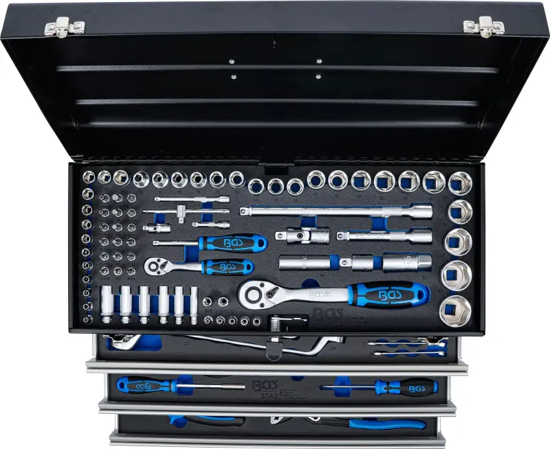 Kovový kufr na nářadí BGS103318. 3 zásuvky a 143 ks nářadí (BGS103318)