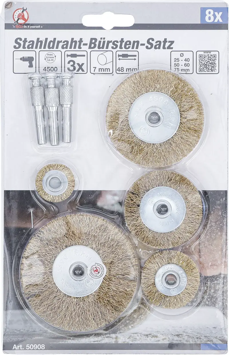 Ocelové drátěné kartáče Kraftmann pr. 25 ÷ 75 mm BGS1050908. Sada 8 ks (BGS1050908)