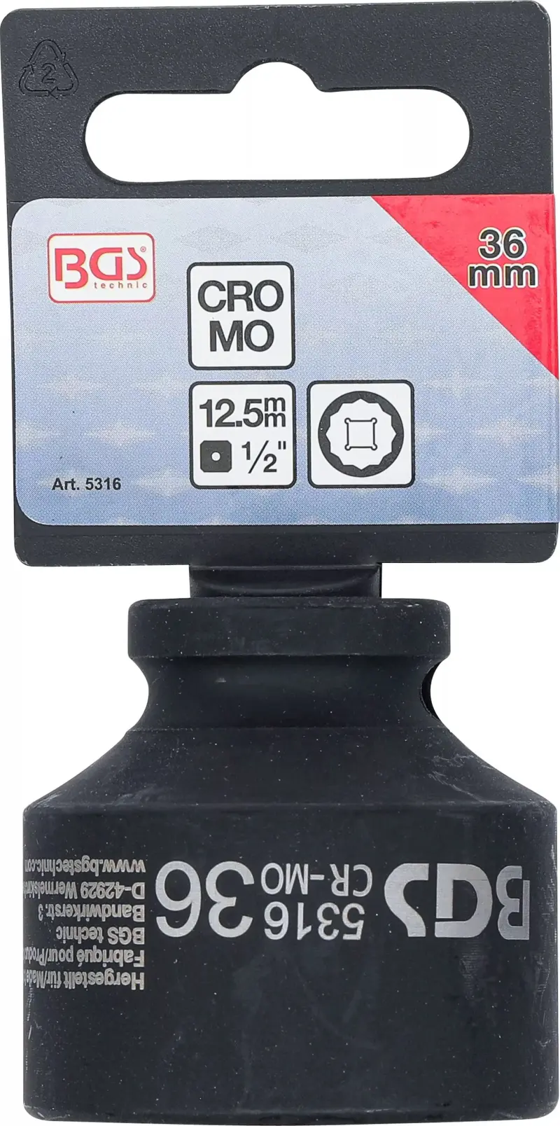 Nástrčná hlavice 1/2" 36 mm, 12hranná, rázová BGS 5316 (BGS105316)