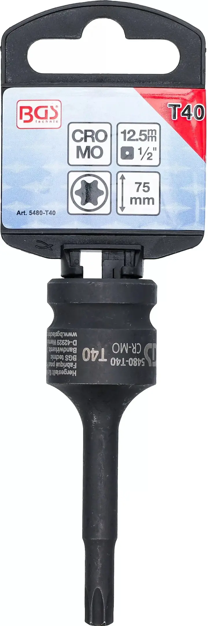 Zástrčná hlavice 1/2" T-profil T40 x 75 mm BGS105480-T40, tvrzená (BGS105480-T40)