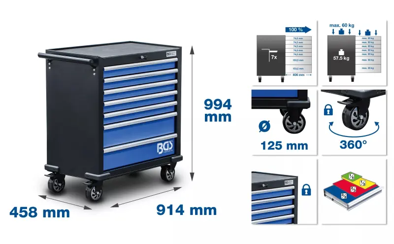 Dílenský vozík XL, pojízdný BGS104205, 7 zásuvek. Vybavený 301 ks nářadí (BGS106063)