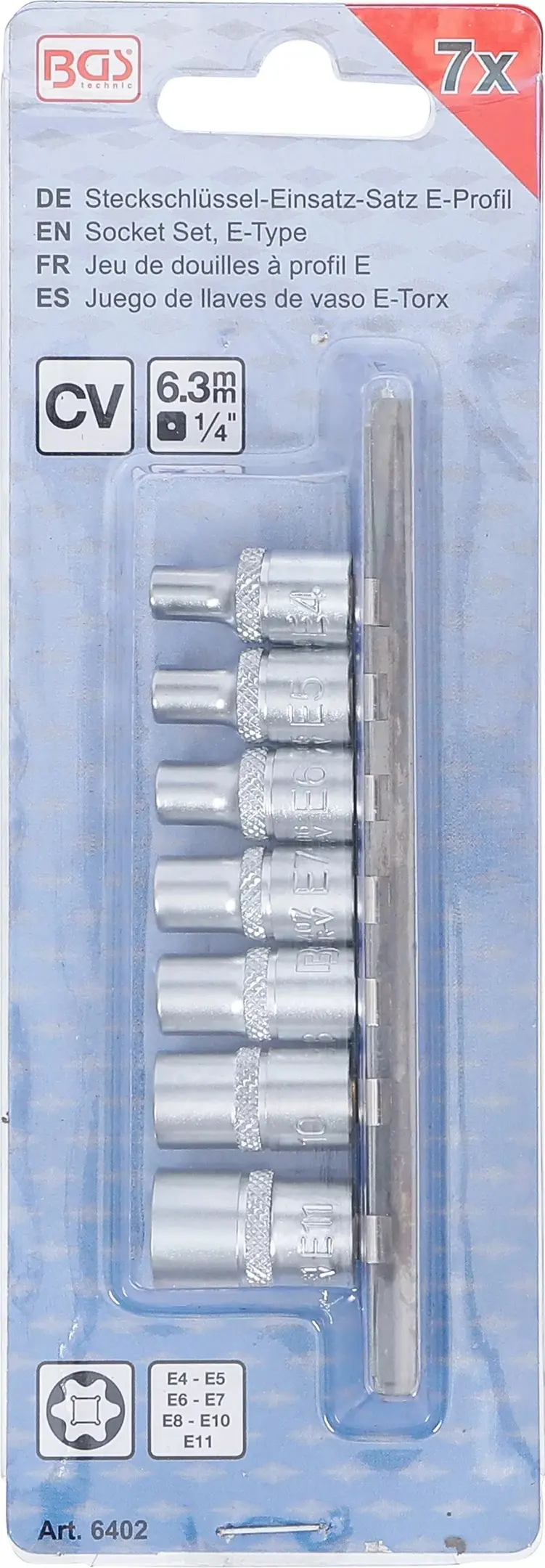 Nástrčné hlavice 1/4" E-profil E4 ÷ E11 BGS106402 Sada 7 dílů na kolejnici (BGS106402)