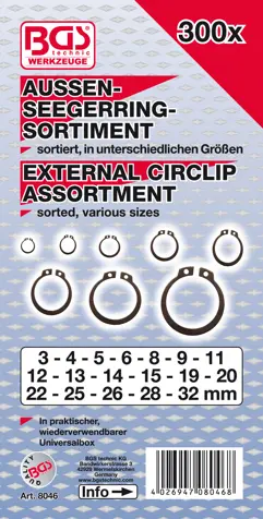 Pojistné vnější kroužky (seger) 3 ÷ 32 mm BGS108046 300 dílů v PVC kazetě (BGS108046)